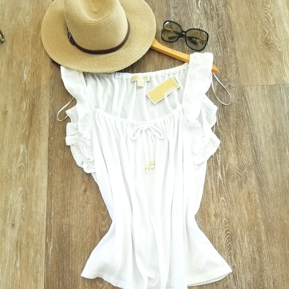 Michael Kors MK Logo Blouse Tank Top White Ruffle Sleeve Flowy Beechy NWT Sz Lg